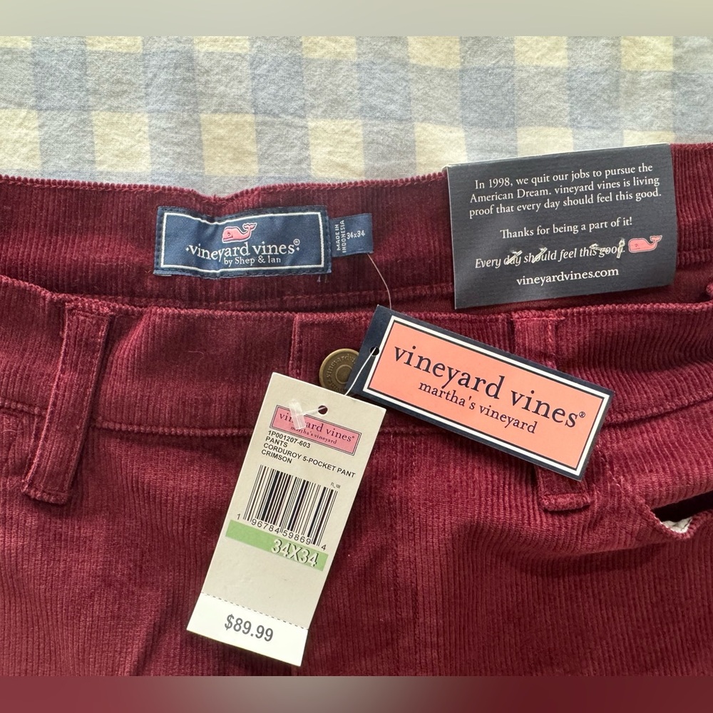 Vineyard Vines Men’s 5 Pocket Corduroy Pants 34x34 in Crimson NEW